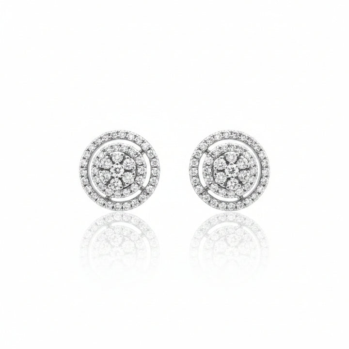 18K White Gold Round Double Halo Diamond Stud Earrings, TDW:1.26ct, VS, G-H
