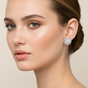 18K White Gold Round Double Halo Diamond Stud Earrings, TDW:1.26ct, VS, G-H