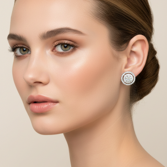18K White Gold Round Double Halo Diamond Stud Earrings, TDW:1.26ct, VS, G-H