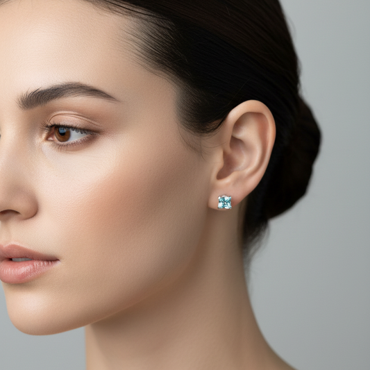 925 Sterling Silver Squared Blue CZ Stud Earrings