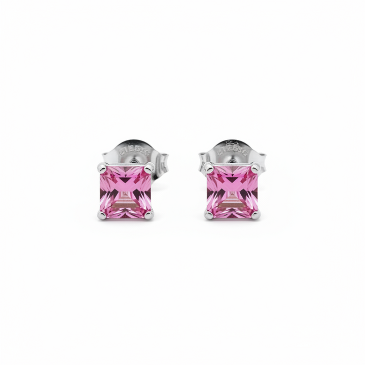 925 Sterling Silver Squared Pink CZ Stud Earrings