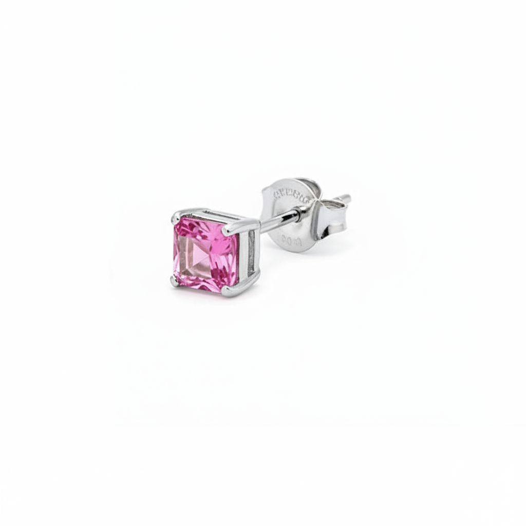 925 Sterling Silver Squared Pink CZ Stud Earrings