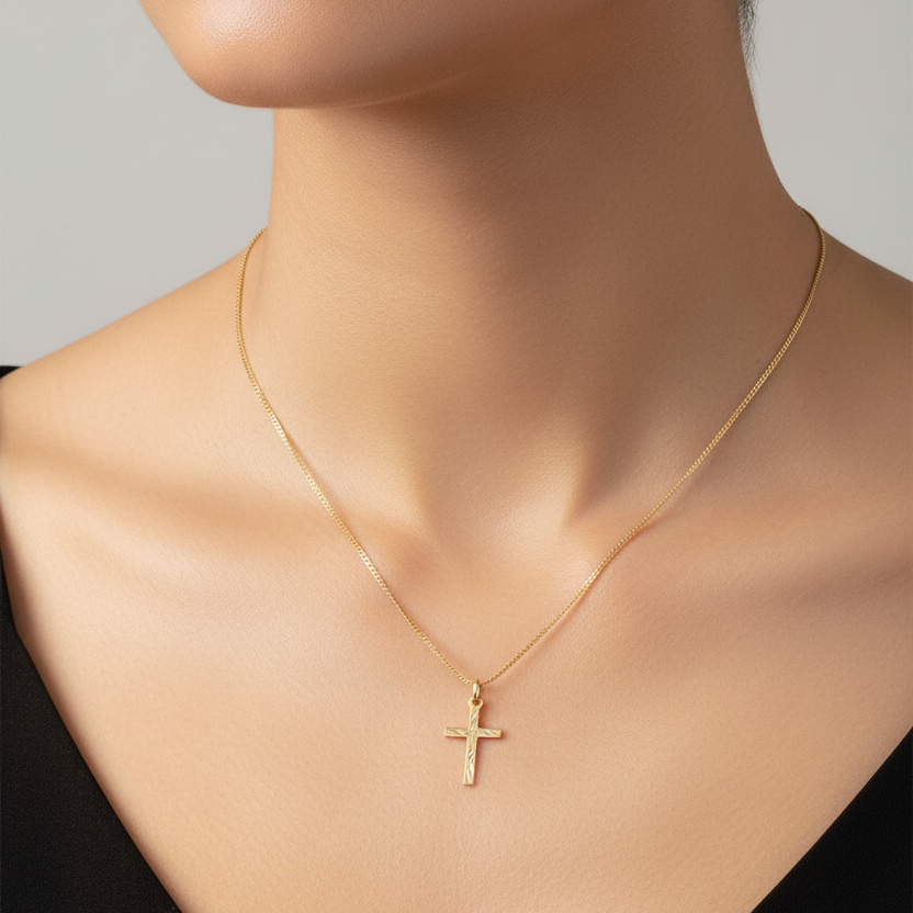 14K Yellow Gold Engraved Cross Pendant Necklace