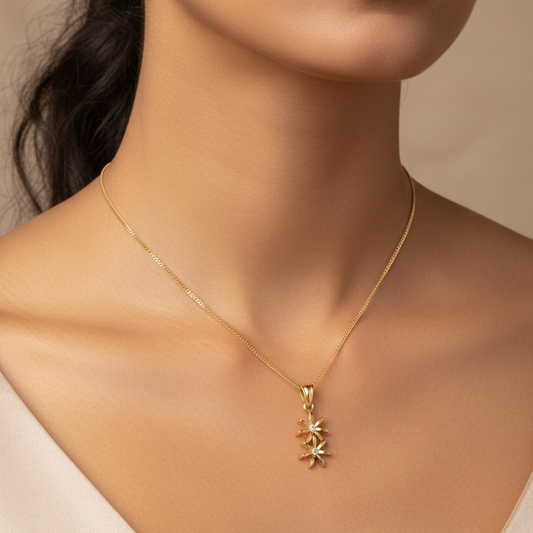 18K Yellow Gold Twin Blossom Pendant Necklace