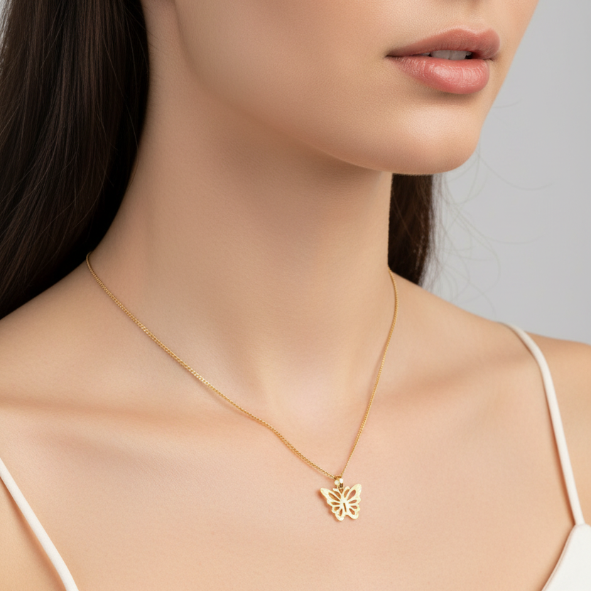 18K Yellow Gold Flutter Butterfly Pendant Necklace
