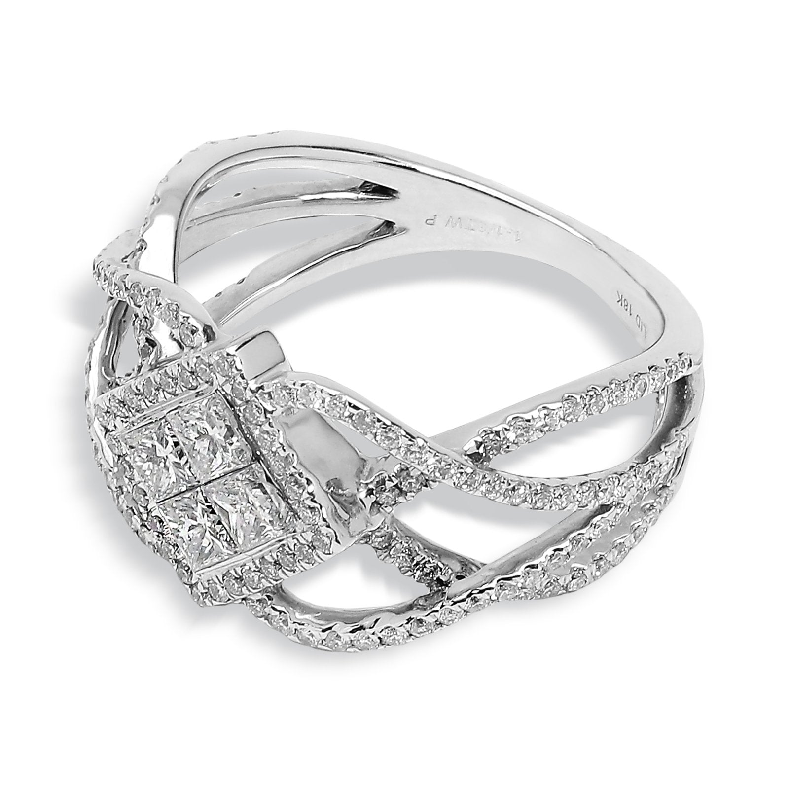White Gold Wide Wave Shaped Pave' Diamond Ring with Princess Cluster Invisible Setting in Centre. 18K, 5.6GR,TDW: 1.13ct VS EF
