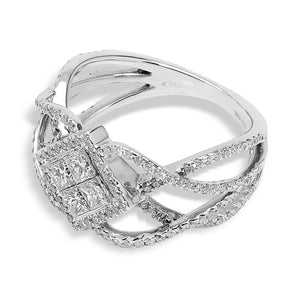 White Gold Wide Wave Shaped Pave' Diamond Ring with Princess Cluster Invisible Setting in Centre. 18K, 5.6GR,TDW: 1.13ct VS EF
