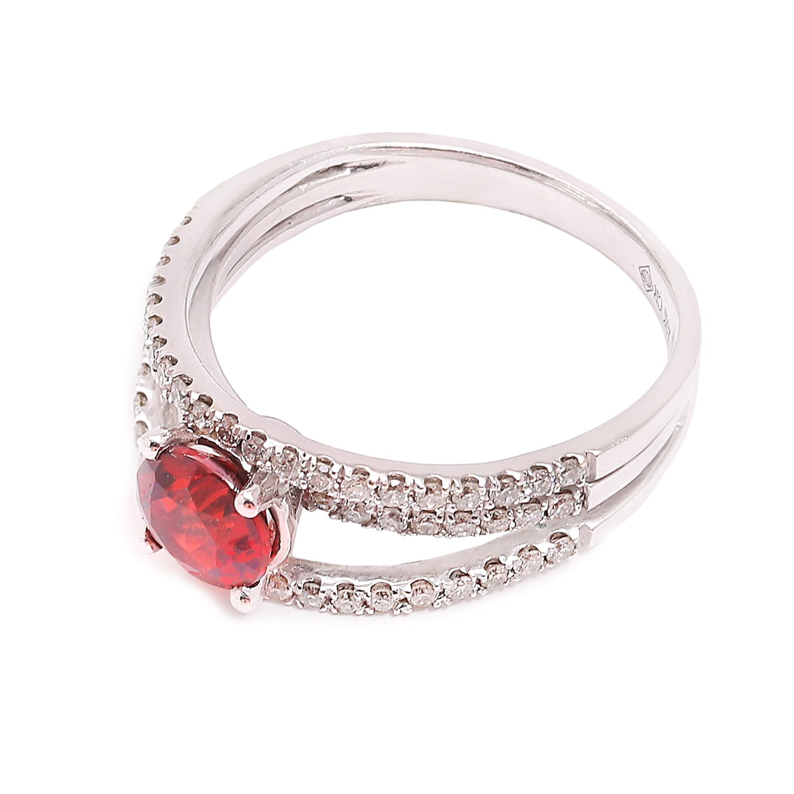 White Gold Triple Shoulders Garnet and Diamond Ring. Garnet: Round Shape 0.75ct. Diamond: 58 Round Diamonds on Shoulders. TDW: 0.58ct, GH, SI