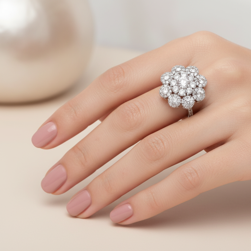 18K Diamond Blossom Cluster Ring in White Gold. TDW: 1.00ct VS1 – 2 EF