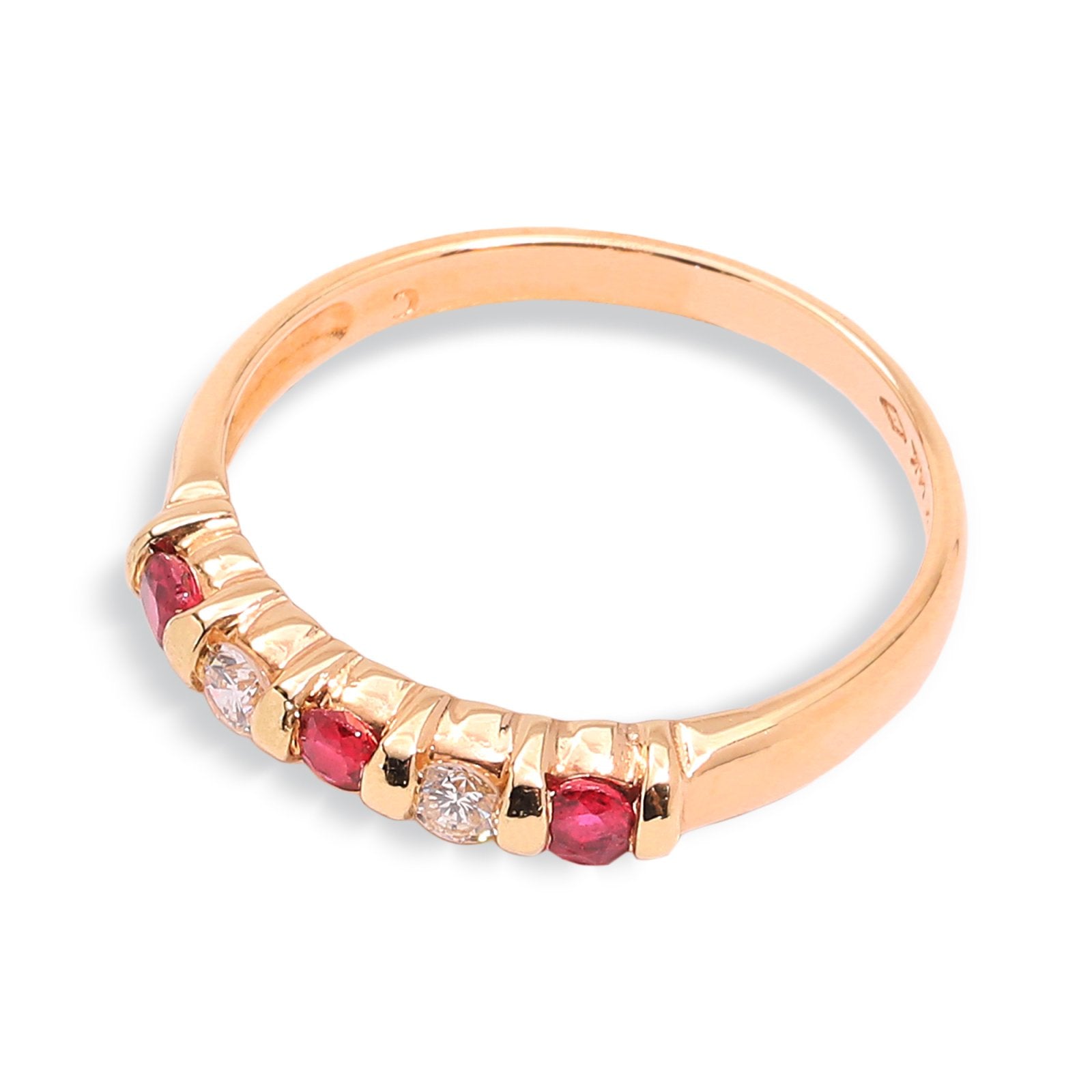 Yellow  Gold Band with Three Ruby and Two Diamond. 14k,  R: 0.24ct, TDW: 0.08ct