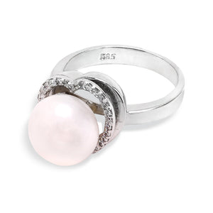 14K White Gold Ring with Heart Shape design setting with one Freshwater Pearl and Diamonds Pearl : 9.9mm Freshwater. Set with 35 Natural Round Diamonds TDW: 0.25ct GH SI
