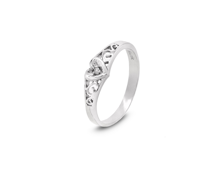 10K Romantic Heart  Cut White Gold Ring with Filigree Detailing