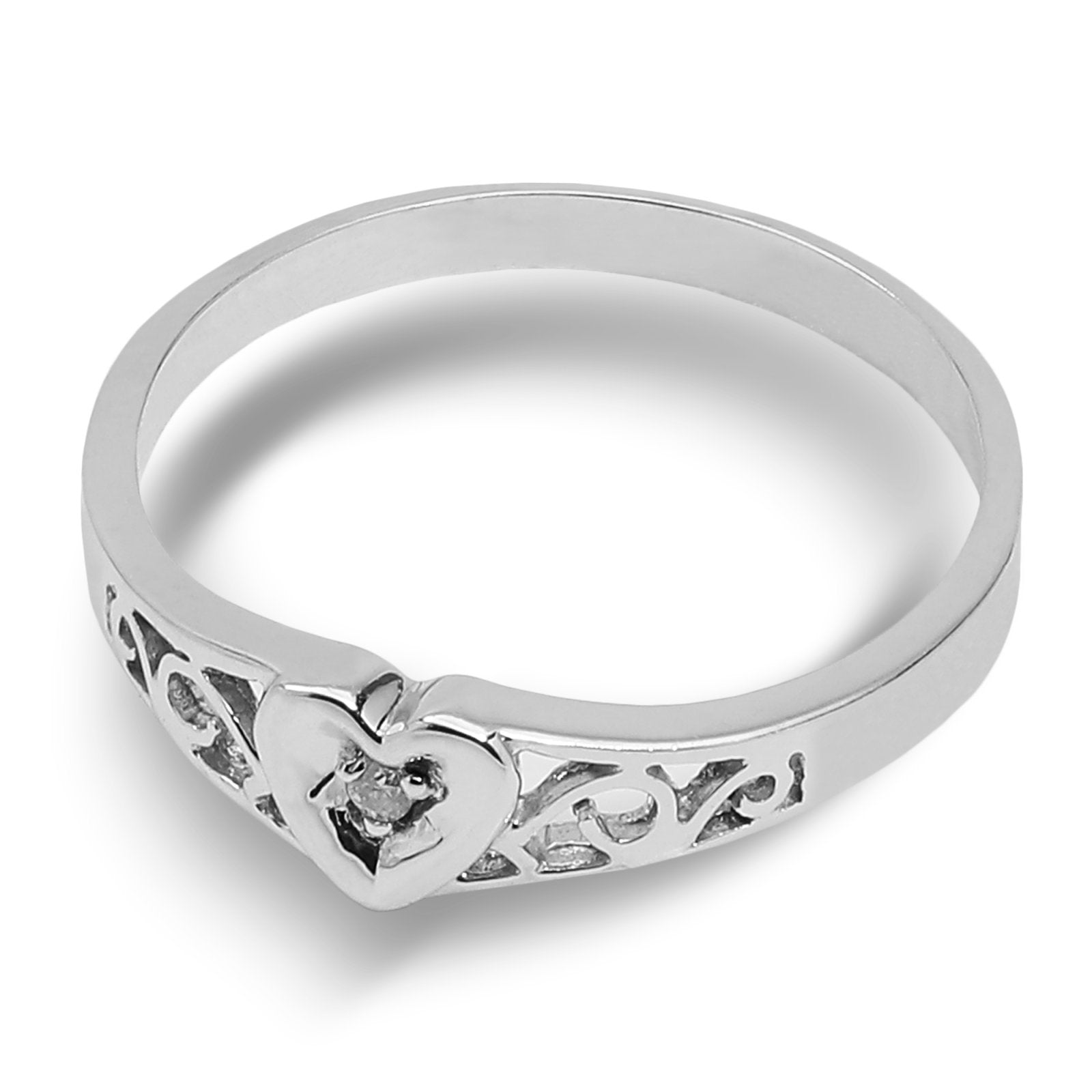 Romantic Heart-Cut White Gold Ring with Filigree Detailing, 10k