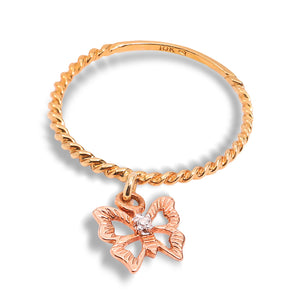 Yellow Gold Ring with one Butterfly charm dangling, 18k