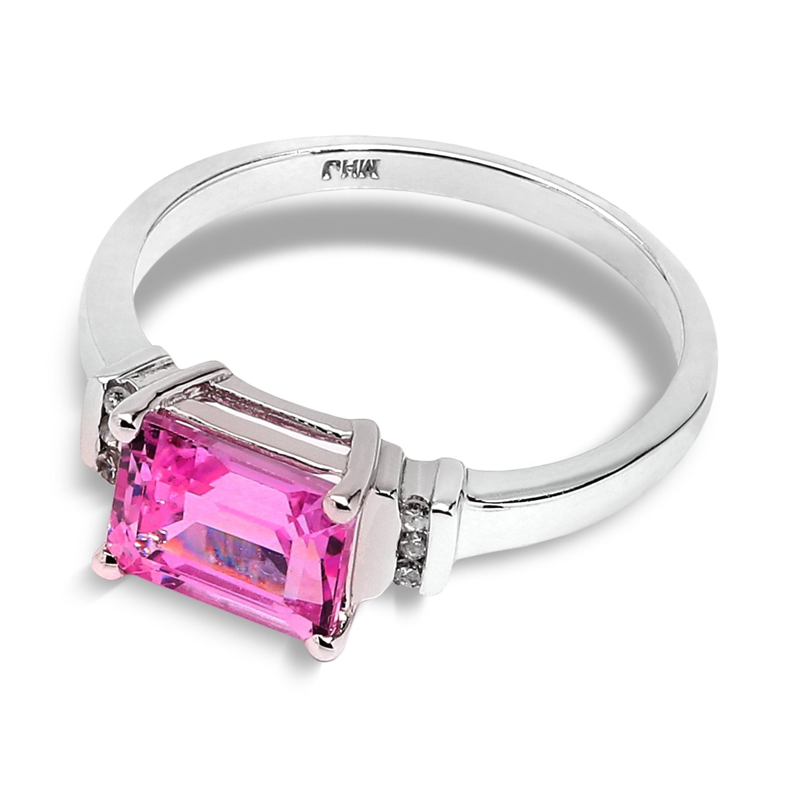 Pink Reverie: The Emerald-Cut Blossom Ring, White Gold 10k set with Pink Topaz and Diamonds