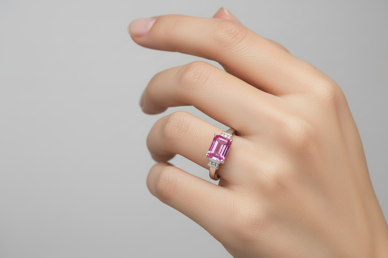 10K White Gold Emerald Cut Pink Topaz Ring with Diamond Accents