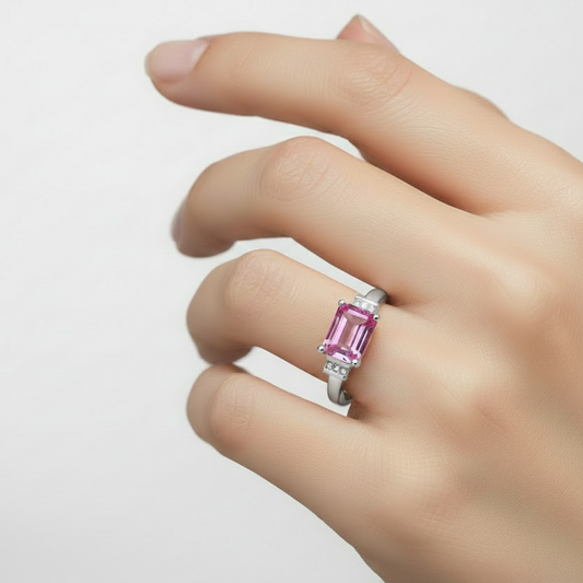 10K White Gold Emerald-Cut Pink Topaz Diamond Accent Ring
