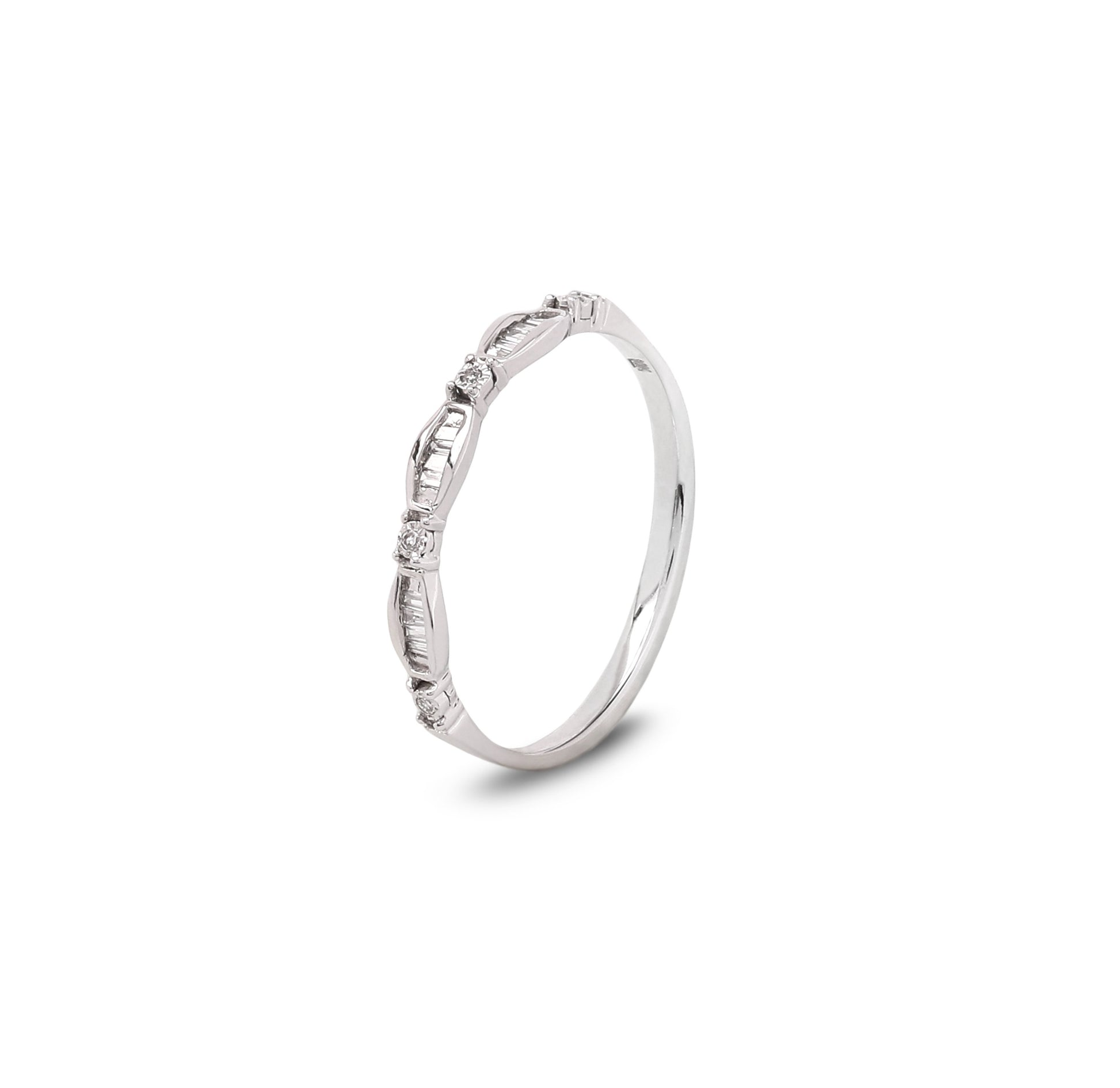 10K White Gold Band with Baguette and Round Diamond Accents