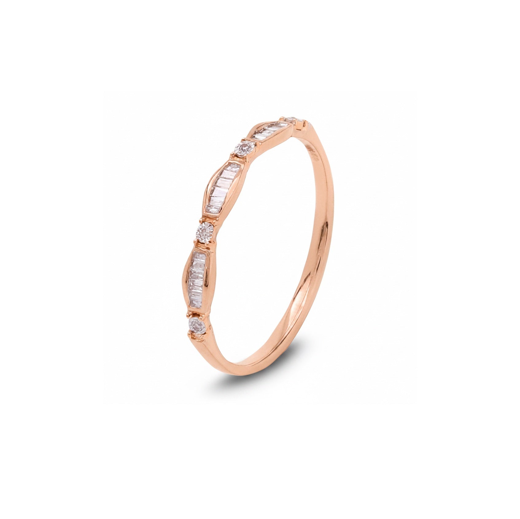 10K Yellow Gold Slim  Band with Baguette and Round Diamond Accents TDW: 0.20ct