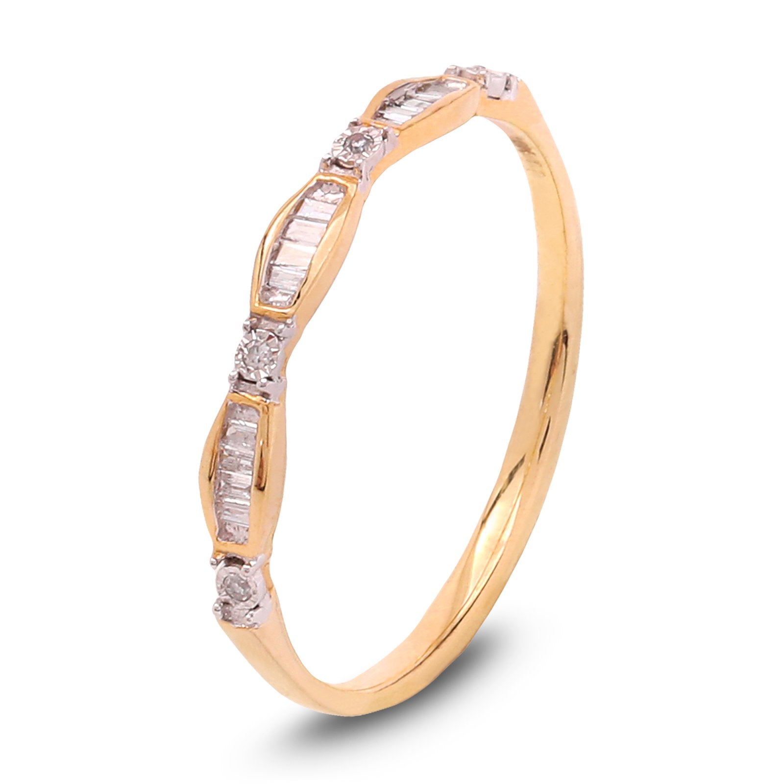 Slim Yellow Gold Band with Baguette and Round Diamond Accents, 10k