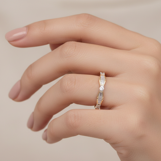 10K Yellow Gold Slim  Band with Baguette and Round Diamond Accents
