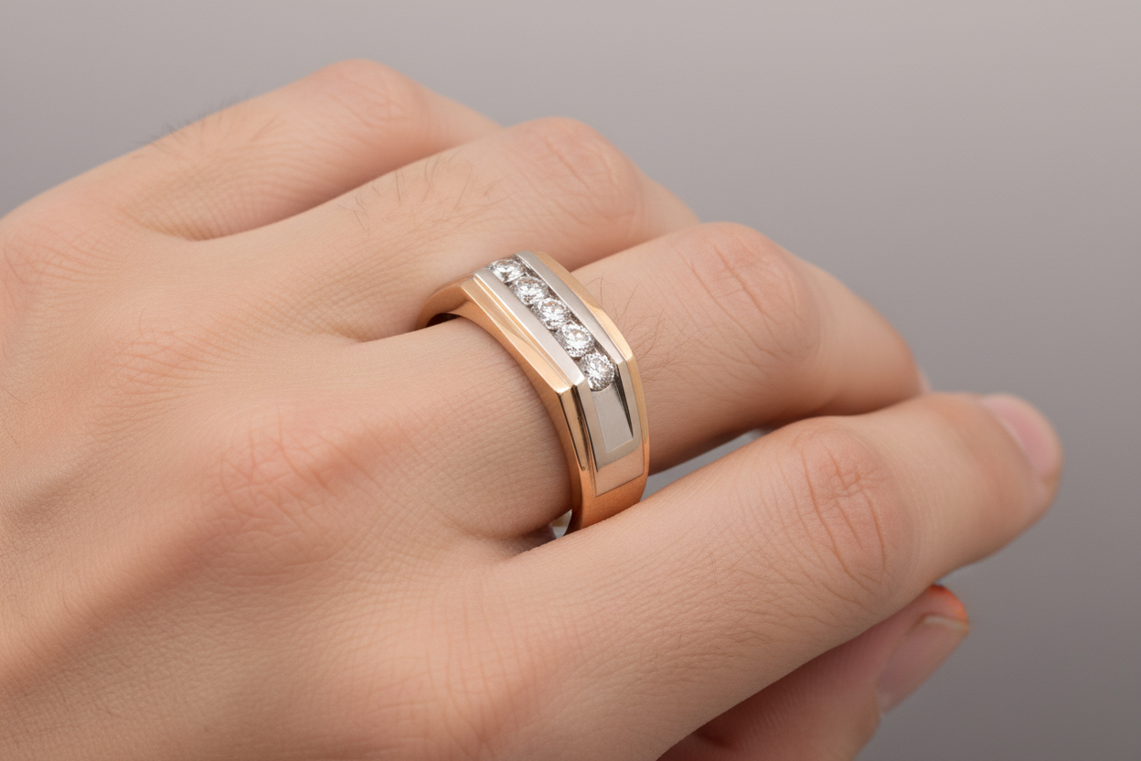 10K Two – tone Yellow and White Gold Men's Diamond Ring. 5 Round Natural Diamonds. TDW: 0.35ct VS FG