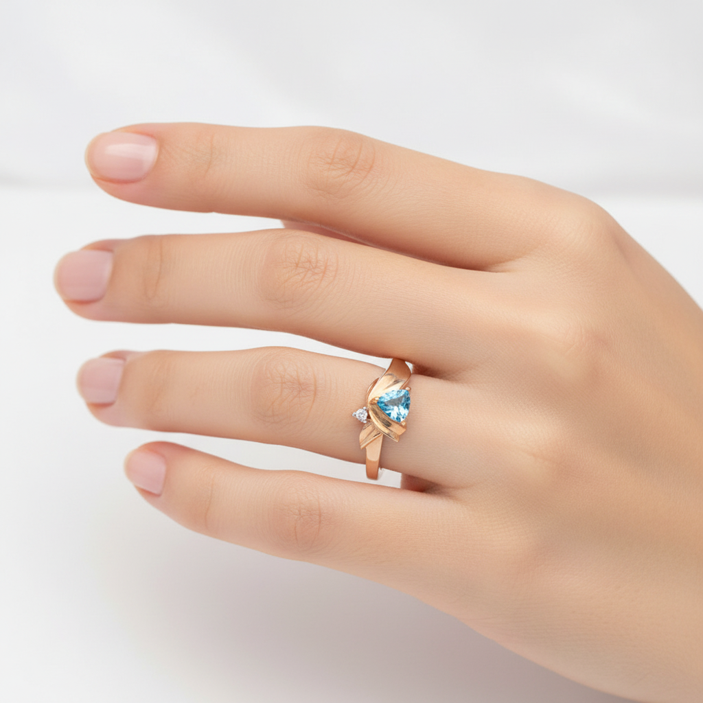 10K Yellow Gold Triangle Blue Topaz and Diamonds Ring
