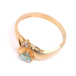 10K Yellow Gold Ring Triangle Blue Topaz and Diamonds