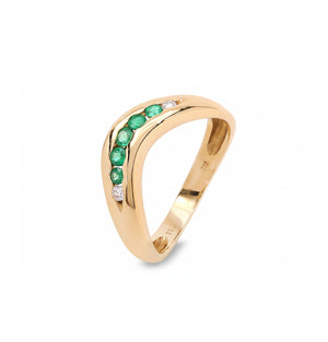 14K Yellow Gold Curve Shape Emerald and Diamond Band. E: 0.15ct TDW: 0.04ct