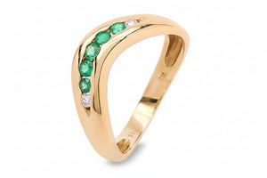 14K Yellow Gold Curve Shape Emerald and Diamond Band. E: 0.15ct TDW: 0.04ct