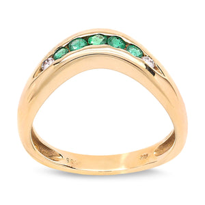 Yellow Gold Curve Shape Emerald and Diamond Band. 14k, E: 0.15ct TDW: 0.04ct