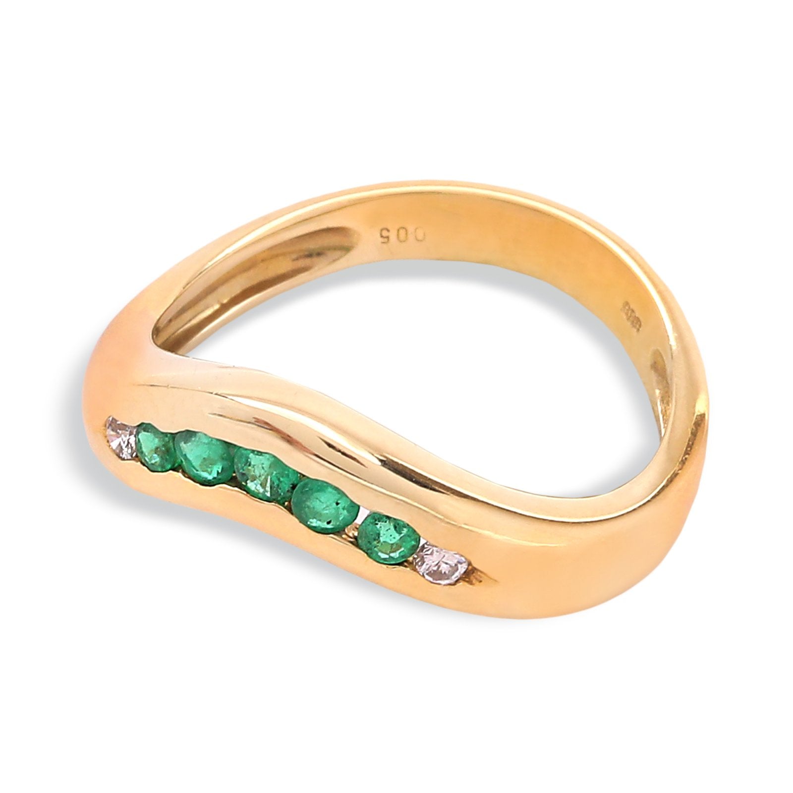 Yellow Gold Curve Shape Emerald and Diamond Band. 14k, E: 0.15ct TDW: 0.04ct