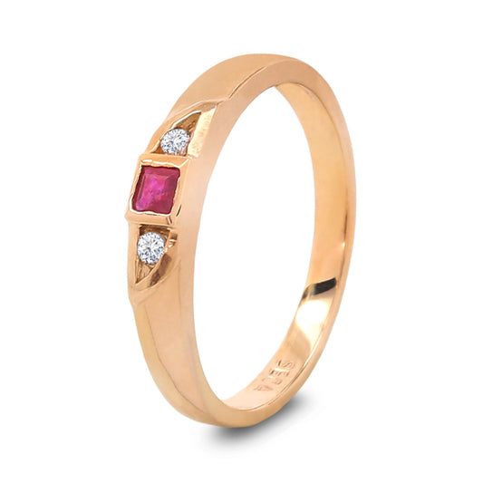 Yellow Gold Ring with Princess cut Ruby and Two Diamonds, 14k