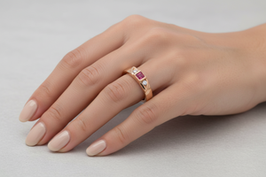 Yellow Gold Ring with Princess cut Ruby and Two Diamonds, 14k