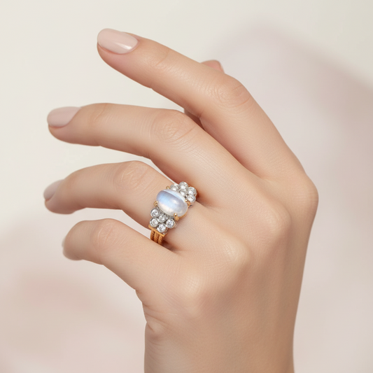 14K Yellow Gold Moon Stone and Diamond Ring. M: 1.06ct TDW: 0.15ct