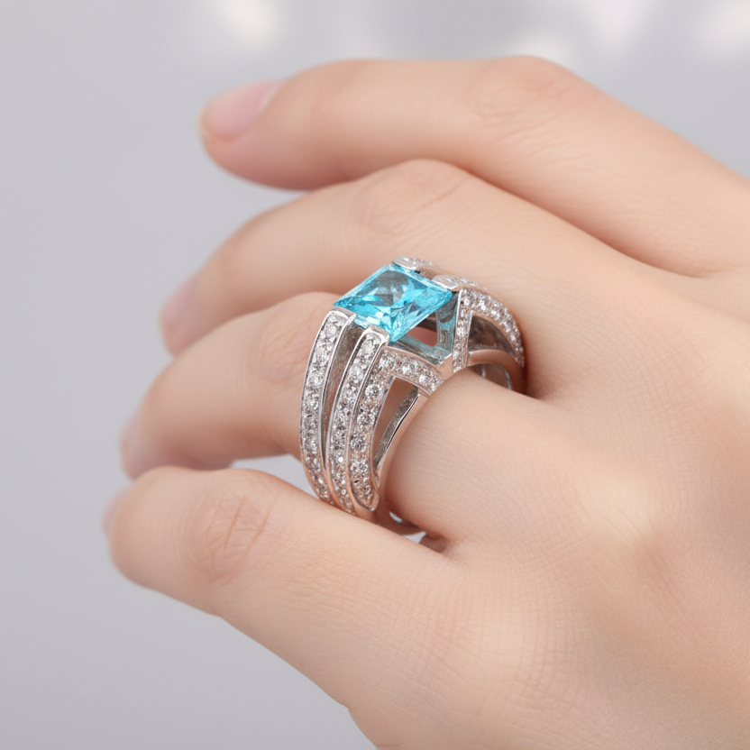 18K Vintage Futuré White Gold Princess Cut Blue Topaz Ring with Diamond Accents TDW: 0.96ct SI GH
