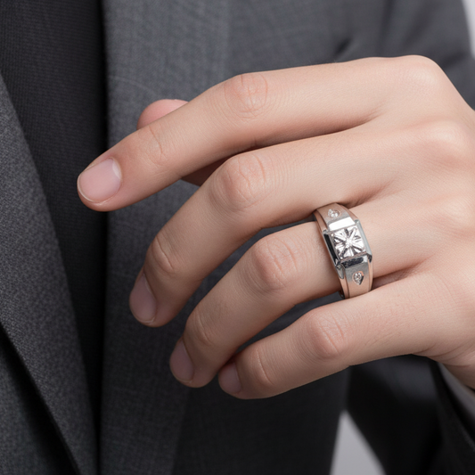 10K White Gold Ring Thick Band with one Round Diamond