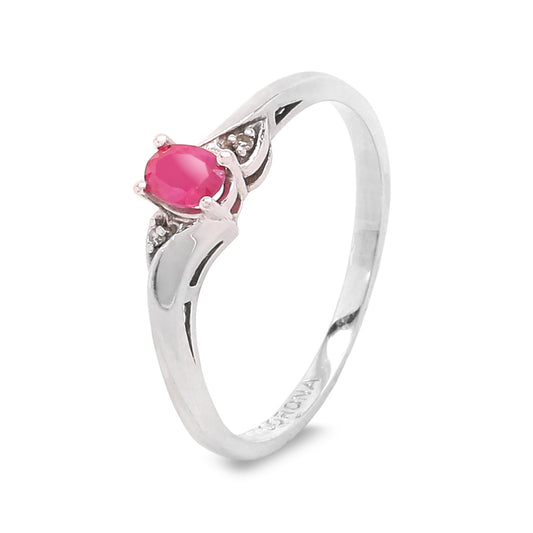 White Gold Ring setting with one Oval cut Ruby and two Diamonds, 10k