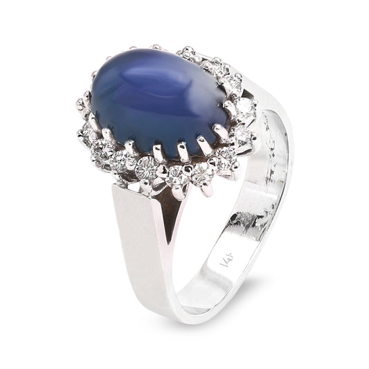 Vintage White Gold Enhanced Moon Sapphire and Diamond Ring. 14k, S: 5.3ct,TDW: 0.48ct