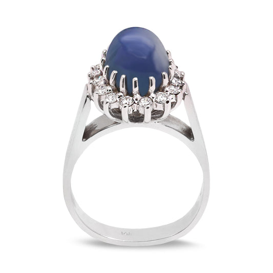 Vintage White Gold Enhanced Moon Sapphire and Diamond Ring. 14k, S: 5.3ct,TDW: 0.48ct
