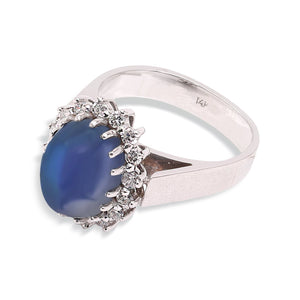 Vintage White Gold Enhanced Moon Sapphire and Diamond Ring. 14k, S: 5.3ct,TDW: 0.48ct