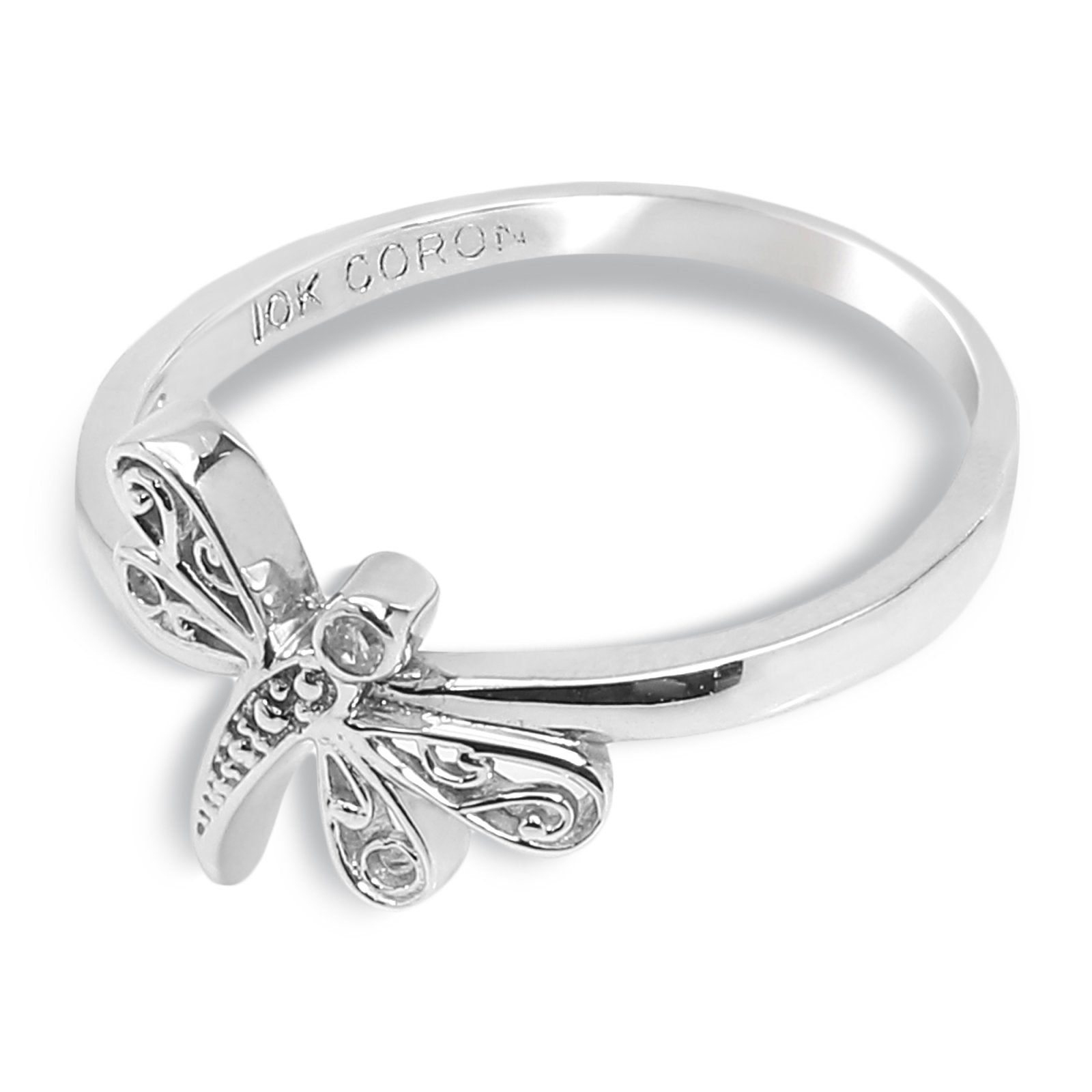White Gold Dragon Fly Ring with Small Diamond, 10k