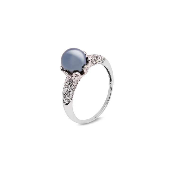 18K White Gold South Sea Tahitian Pearl with Diamond Ring. P: 7.3mm TDW: 0.26ct