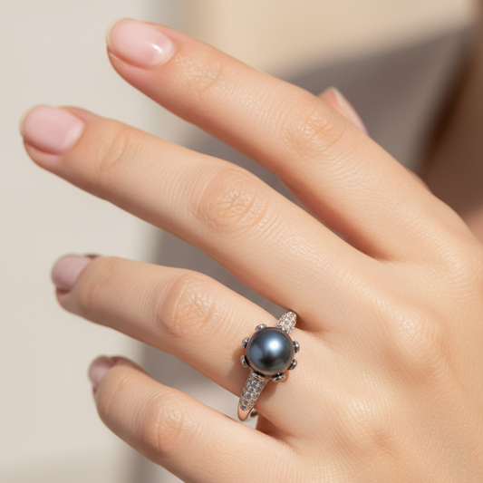 18K White Gold South Sea Tahitian Pearl with Diamond Ring. P: 7.3mm TDW: 0.26ct