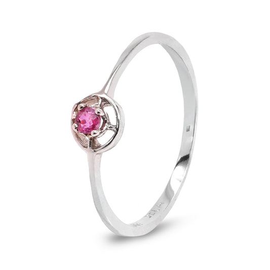 White Gold Ring with Small Circle and Ruby, 14k