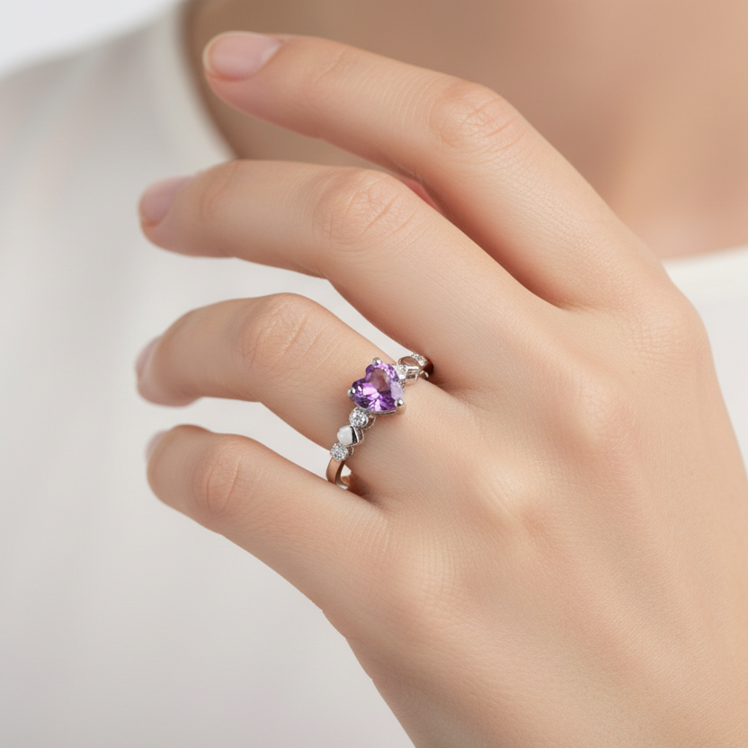 10K White Gold Ring with Heart-Shaped Amethyst and Diamonds. A: 0.50ct TDW: 0.02ct