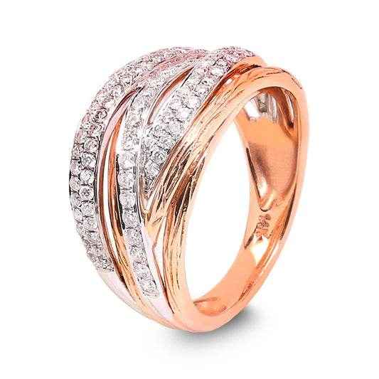 Two-tones Rose and White Gold Multi Row Pavé Setting Diamond Ring. 97 Round Diamonds. TDW: 1.02ct, 14k , VS EF