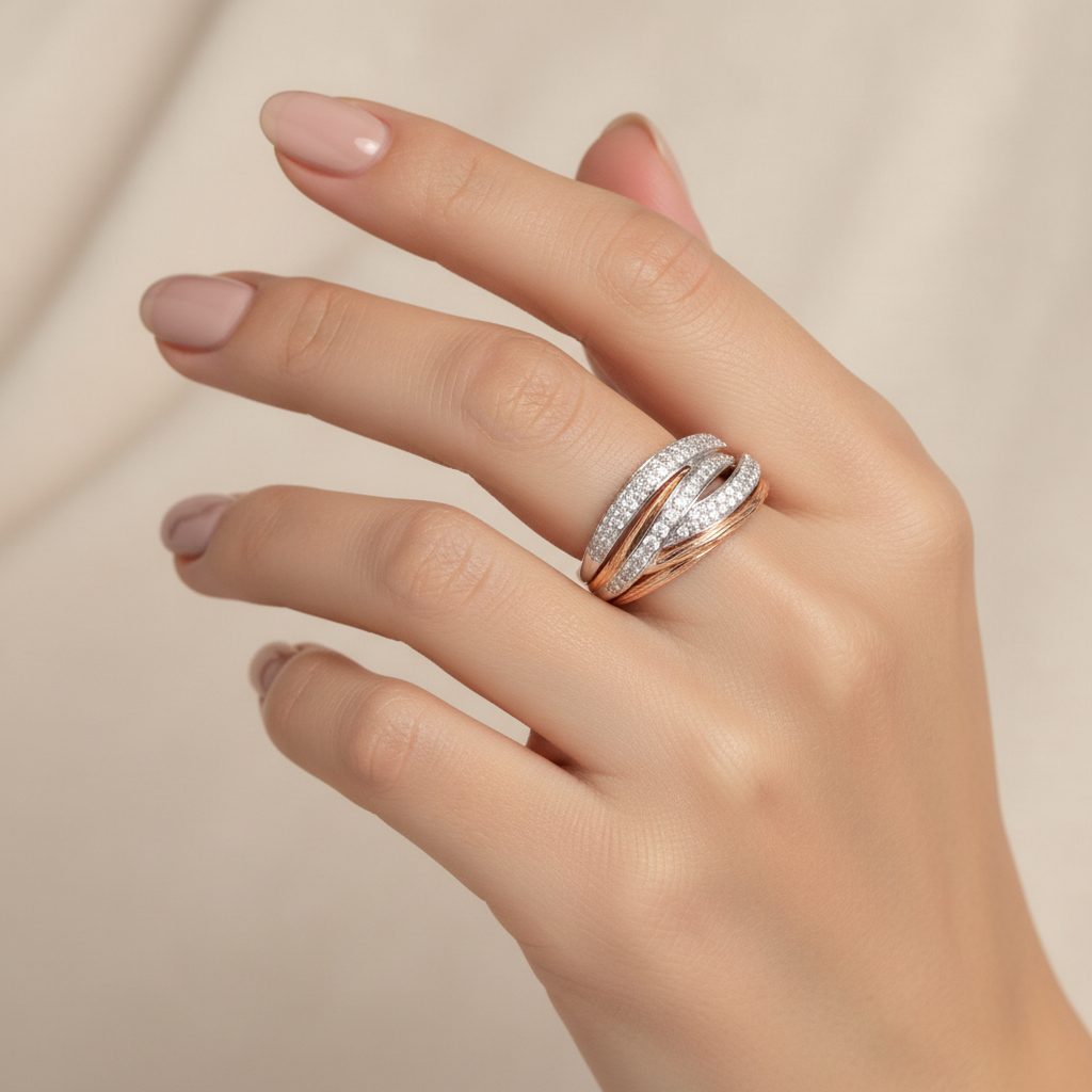 Two-tones Rose and White Gold Multi Row Pavé Setting Diamond Ring. 97 Round Diamonds. TDW: 1.02ct, 14k , VS EF