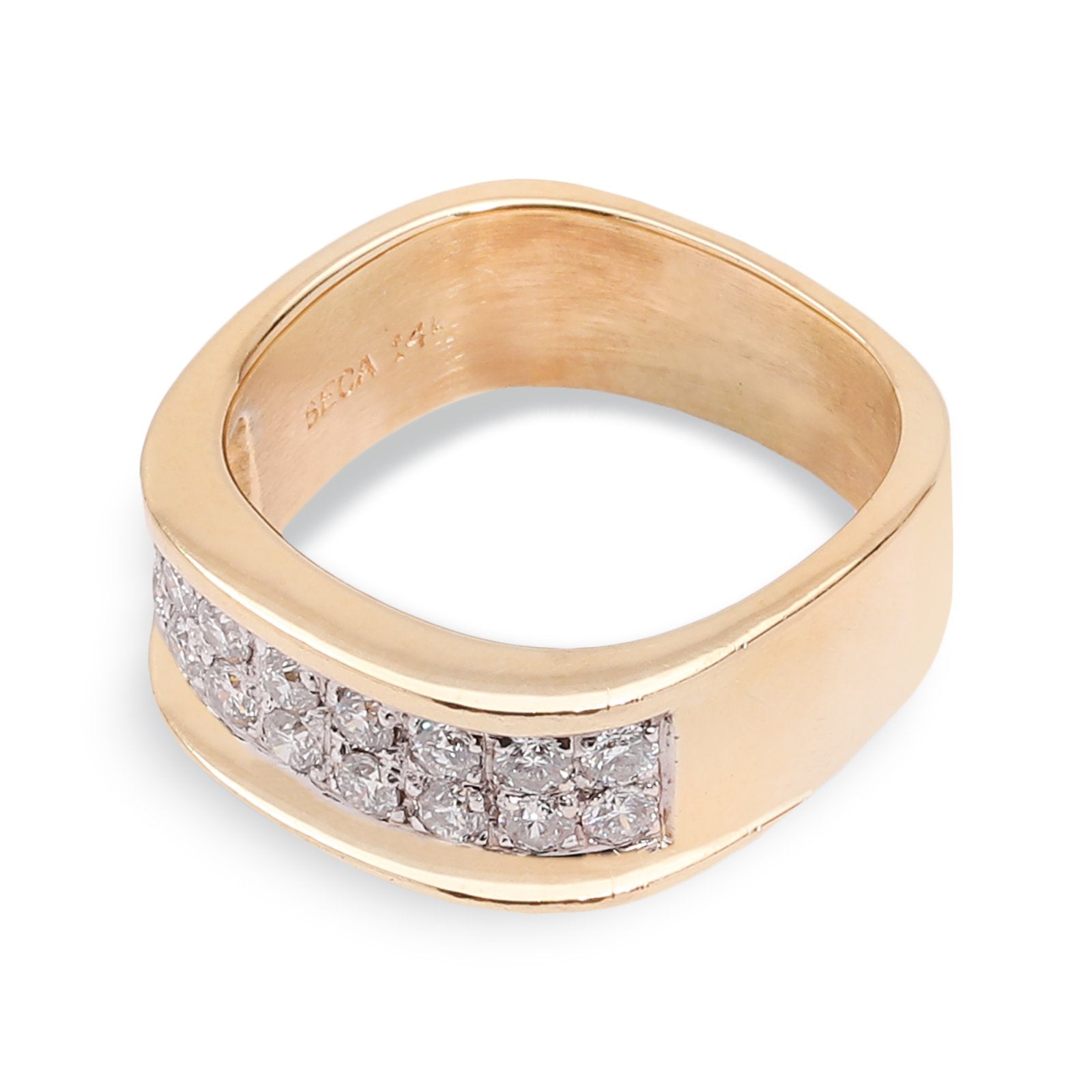 Yellow Gold Pave Diamond Ring Square Style setting with 18 Round Diamonds in Two Rows. TDW: 0.54ct. VS1-2 FG