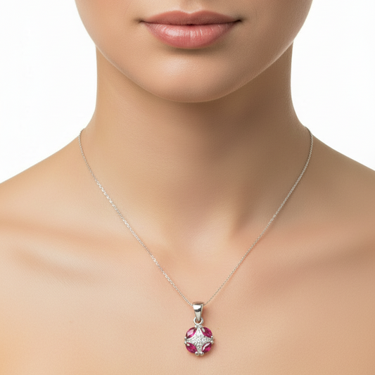 White Gold Pendent set with Four Rubies and Four Round diamonds, 10k